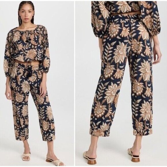 $328 Figue Noa Pant Batik Floral Midnight Navy Printed Cotton - Picture 1 of 10